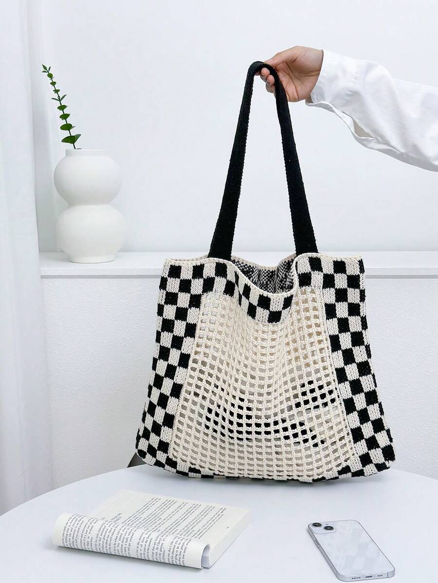 2024年新款中空黑白格紋手提包帶鉤針空洞,休閒大容量編織袋適用於女孩 - 彩色 - 查看 1