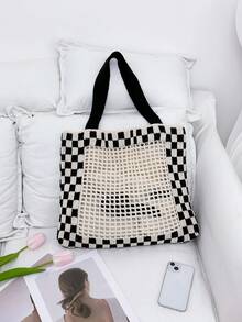 2024年新款中空黑白格紋手提包帶鉤針空洞,休閒大容量編織袋適用於女孩 - 彩色 - 查看 7