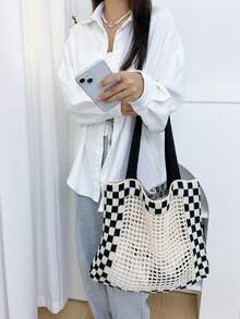 2024年新款中空黑白格紋手提包帶鉤針空洞,休閒大容量編織袋適用於女孩 - 彩色 - 查看 6