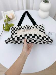 2024年新款中空黑白格紋手提包帶鉤針空洞,休閒大容量編織袋適用於女孩 - 彩色 - 查看 8