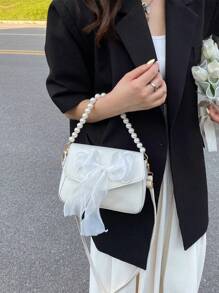 Mini Square Bag Faux Pearl & Bow Decor Flap PVC PU Leather Crossbody Bags For Women Luxury Shoulder Bags Female Handbags White - White - View 5