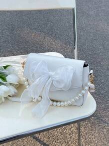 Mini Square Bag Faux Pearl & Bow Decor Flap PVC PU Leather Crossbody Bags For Women Luxury Shoulder Bags Female Handbags White - White - View 6