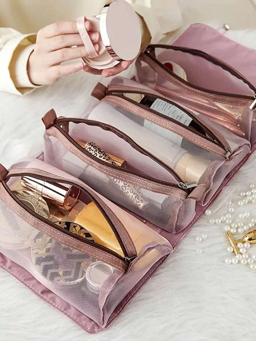 Travel Cosmetic Bag For Women, Zipper Mesh Separable Cosmetic Pouch, Ladies Rope Makeup Storage Bag,Multi-Functional Large Capacity Cosmetic Bag Fashionable Waterproof Wash Storage Bag Mesh Bag Makeup Brushes Storage,Travel Essentials Organizer, Hanging Makeup Case For Accessories,Waterproof Portable Pouch Open Flat Toiletry Bag Beach Bag Beach Essentials Beach Towel Organizer Beach Accessories Beach Stuff Holiday Bag Holiday Essentials For Summer For Vacation Back To School Supplies - Pink - View 1