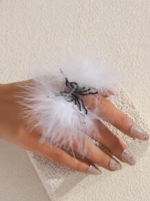 1 pieza Anillo abierto con diseño de mariposa con pluma blanca angelical y strass, estilo nupcial