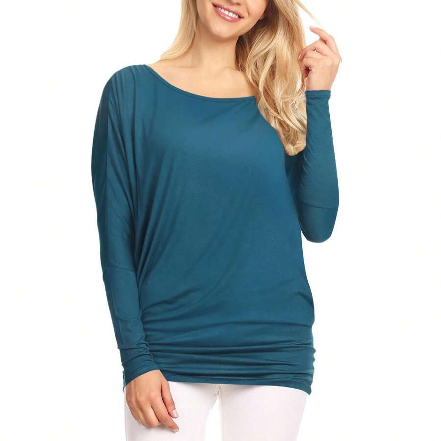 Womens Flowy Draped Long Sleeve Batwing Dolman Top - 水鴨藍 - 查看 1