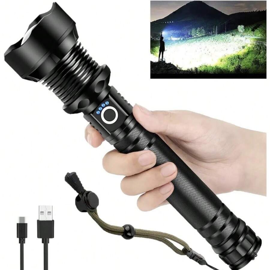 可充電長型手電筒,可變焦,升級版xlm-p70 Led手電筒,3種照明模式,支持露營緊急情況,徒步旅行,戶外運動,跑步運動,停電,暴風雪等 - 黑色 - 查看 1