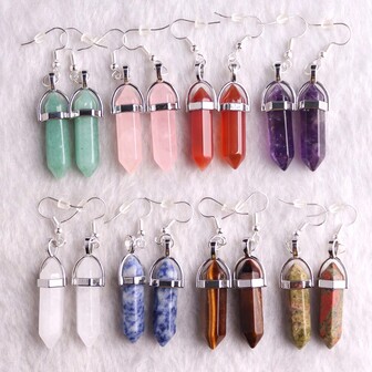 1對天然石頭水晶玛瑙六角柱形耳環,晶和玫瑰石英銅鈴彈頭耳環,手工珠寶及配有卡片包裝