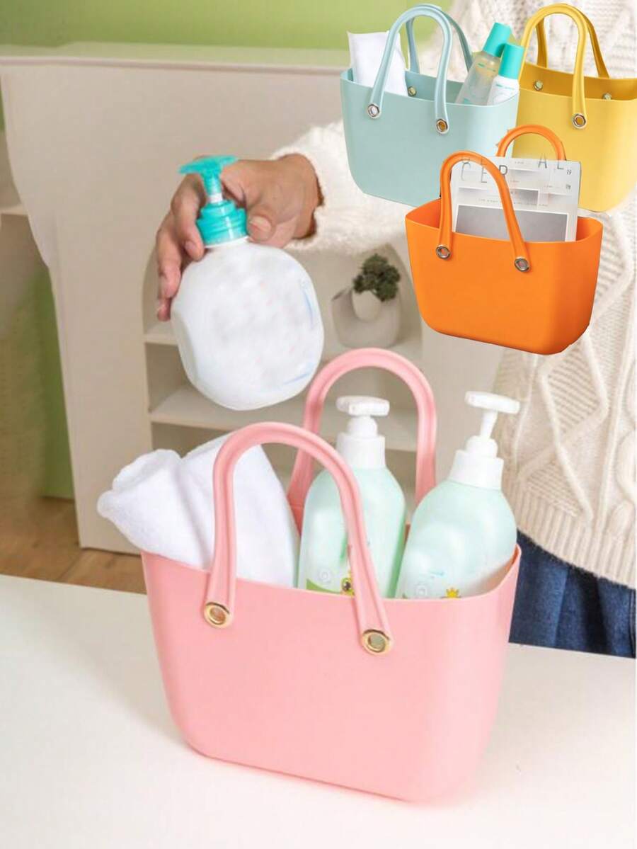 1入實色帶手把的收納籃,時尚浴籃,塑料手提淋浴用品收納籃,家庭組織和收納用品,浴室配件,浴室裝飾 - 黃色 - 查看 1