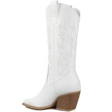 Fashion Cowgirl Boots Women Cowboy Boot Chunky Block Heeled Tall Pointed Toe Shoes Pull On Mid-Calf Western Boots For Party Cosplay - White - View 5