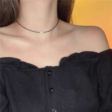 1pc Simple & Versatile Retro Black Wax Rope Stainless Steel Square Shaped Choker Necklace, Non-Fading, Suitable For Daily Wear - Black - View 5