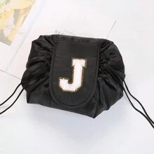 1入斜肩字母刺繡化妝收納包女用口袋折疊式化妝包便攜式旅行收納洗漱袋字母印花組織者盥洗用品情人節禮物 - 黑色 - 查看 15