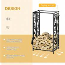 HOMCOM Steel Firewood Log Holder Indoor Outdoor Firewood Rack Fireplace Wood Storage Shelf With 4 Tools, Hooks, Tree Pattern Design, Rust-Resistant, Black, 46W X 30D X 70H Cm - Black - View 5