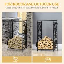 HOMCOM Steel Firewood Log Holder Indoor Outdoor Firewood Rack Fireplace Wood Storage Shelf With 4 Tools, Hooks, Tree Pattern Design, Rust-Resistant, Black, 46W X 30D X 70H Cm - Black - View 8