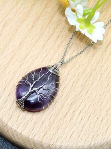 1PC Tree Of Life Crystals Necklace Pendant Water Drop Natural Stone Wire Wrap Rose Amethysts Quartz Crystal Tiger Eye Necklace Pendant