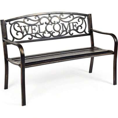 Garden Bench With Written Welcome, 3 Seater Park Bench, Rest Bench, Made Of Cast Iron, With Backrest And Armrest, Weatherproof, Can Hold 320 Kg, For Garden, Park And More (Welcome Bronze)