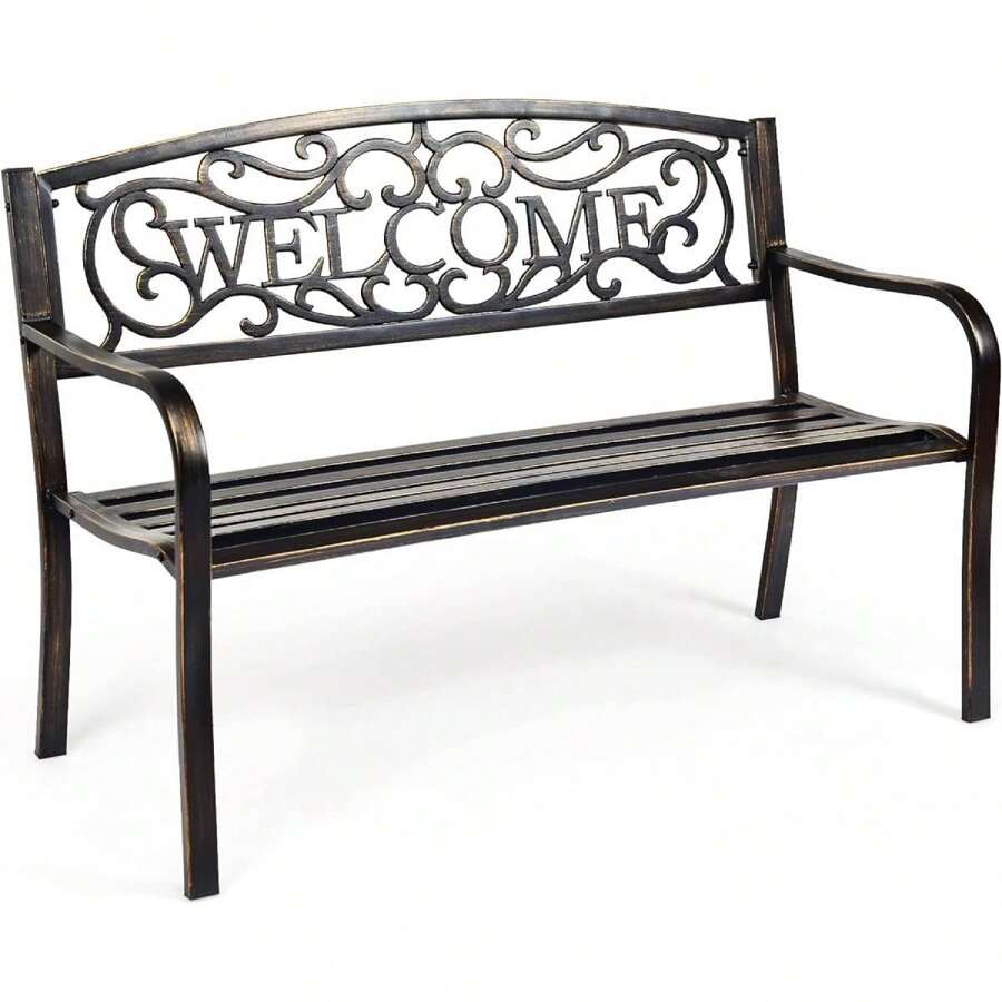 Garden Bench With Written Welcome, 3 Seater Park Bench, Rest Bench, Made Of Cast Iron, With Backrest And Armrest, Weatherproof, Can Hold 320 Kg, For Garden, Park And More (Welcome Bronze) - Brown - View 1