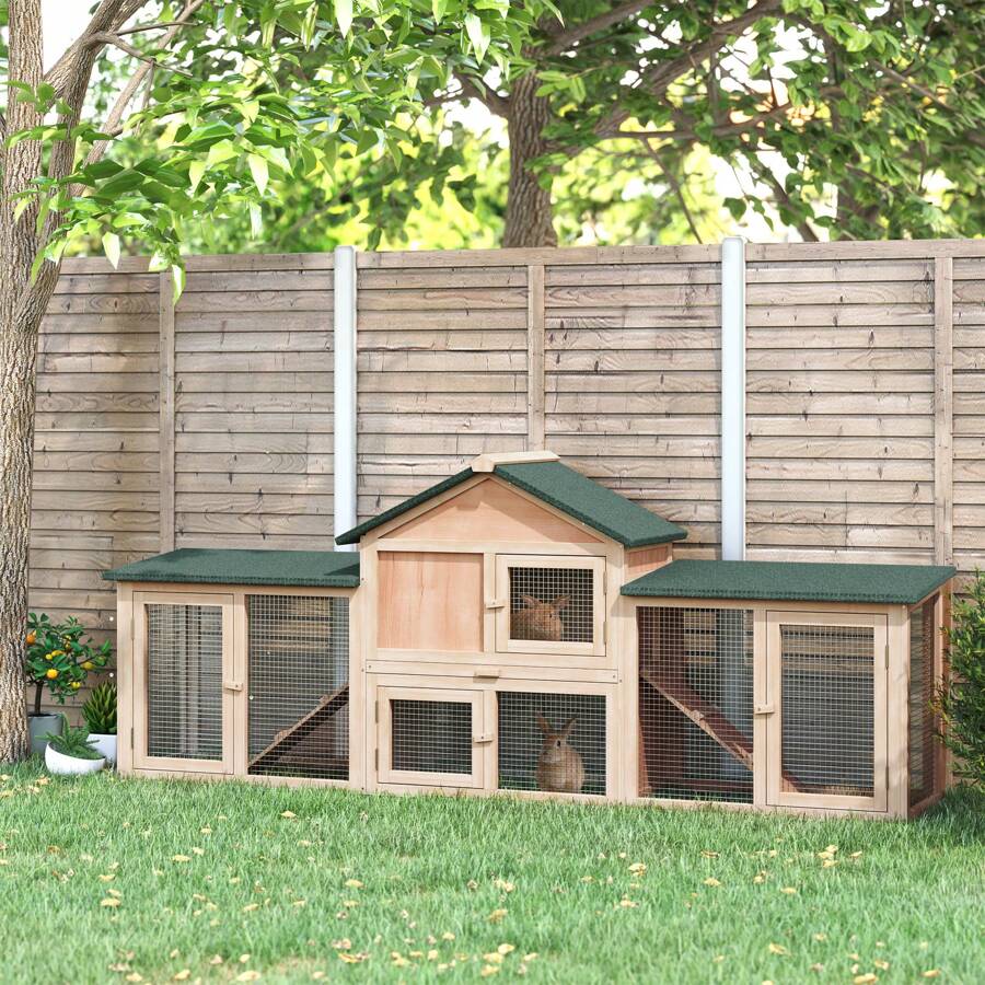 PawHut Deluxe Rabbit Hutch Outdoor, Wooden Guinea Pig Hutch, Two-Storey ...