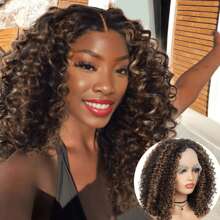 女士用突出色漸層捲曲蕾絲前鬃毛棕色短捲曲蕾絲前鬃毛hd鬃毛帶頭套無膠合成髮12英寸 - 彩色 - 查看 2