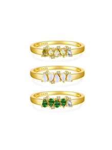 1 件豪华优雅 925 纯银不对称梨形方晶锆石戒指，适合女士，周年纪念礼物 - 金色 - 查看 1