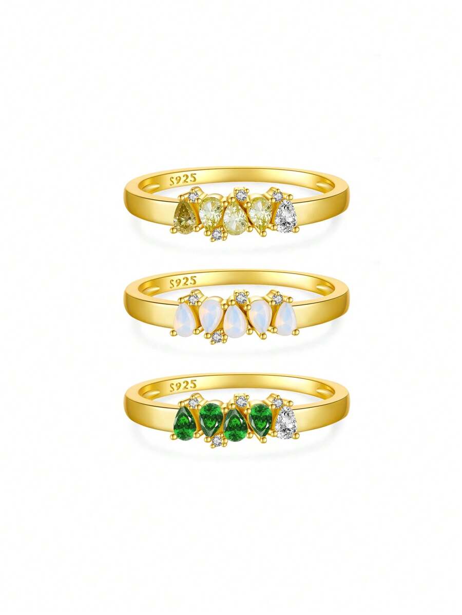 1 件豪华优雅 925 纯银不对称梨形方晶锆石戒指，适合女士，周年纪念礼物 - 金色 - 查看 1