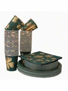 40件深綠色紙質餐具套裝,奢華四葉草金箔設計,加厚加硬,還可承受100°c熱水不變形,健康杯紙製造,適用於公司聚會、家庭派對、露營、野餐等戶外活動,飲用咖啡、啤酒等飲料。 - 金箔四葉草深綠色餐具組40pcs - 查看 8