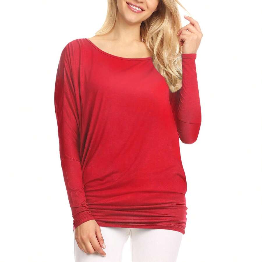 Womens Flowy Draped Long Sleeve Batwing Dolman Top - 紅色 - 查看 1