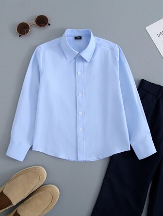 Tween Boy Classic Blue Dress Shirt, Formal Uniform For School, Graduation, Party & Events