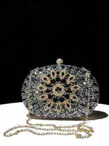 Dedoo Neue ovale Abendtasche, der Taschenkörper ist mit funkelnden Strass-Steinen überzogen, die in einem sonnenblumenähnlichen Muster angeordnet sind, und wird mit einer goldenen Kette kombiniert. Sie kann in der Hand getragen, auf einer Schulter oder als Umhängetasche getragen werden. Es ist ein leichter Luxusstil und eignet sich für den Einsatz mit formellen Abendkleidern bei Partys, Hochzeiten und anderen formellen Dinneranlässen. - Schwarz - Übersicht 4