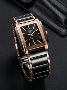 OUPAI 1 Đồng hồ nam hình chữ nhật màu đen vỏ gốm dây đeo bằng thép không gỉ đồng hồ thạch anh tương tự có màn hình hiển thị lịch, chống nước, đeo hàng ngày - Hoa hồng vàng - Xem 3