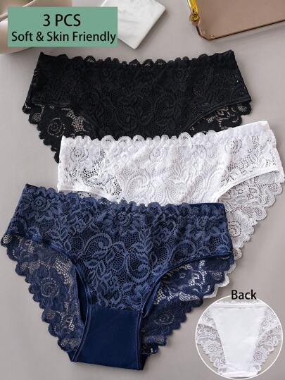 3pcs/Set Sexy Floral Lace Scallop Trim Panties Lingerie