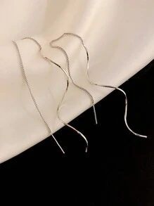 1 Pair Of Fashionable Wave-Shaped Long Ear Threader Earrings For Women - Silver - View 2
