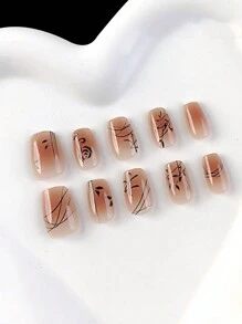 30入組雅致水墨畫風的竹葉與玫瑰設計棺材形假甲，女士和女孩壓花式甲片，甲片用品 - 棕色 - 查看 3