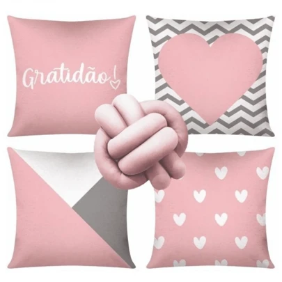 Kit 04 Almofadas Cheias 42cm x 42cm Lindas Estampas Decorativas + 01 Almofada Nó Luxo Enchimento De Silicone Gratidão Coração