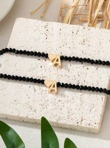 1 件简约金属心形和字母串珠手链和项链套装情人节、妈妈、母亲、母亲节、礼物