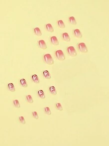 24入組短款方形粉紅漸層心形圖案假甲全覆蓋套裝，1入組指甲檔和1入組指甲黏劑貼紙套裝，適用於女孩母親女性禮物及美甲用品和批發，美白美甲套裝附可拆卸假甲，適用於節日、聚會、約會和日常穿著。 假指甲貼片 - 粉色 - 查看 2