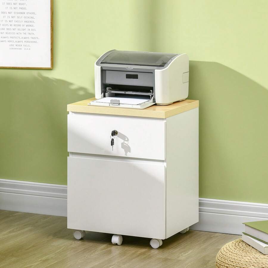 Vinsetto 2-Drawer Filing Cabinet With Lock, Mobile File Cabinet With Hanging Bars For Legal Size And Wheels, Home Office Study, White