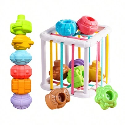 形狀分類嬰兒玩具蒙特梭利學習發展玩具收納立方體箱和6個感官形狀積木,磨練手眼協調、細緻動作技巧,生日禮物,適用於男孩女孩（6件）（附件隨機顏色）