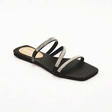 Sandália Rasteirinha Feminina Com Tiras Brilhosas Strass Estilosa Confortável - Preto 2 - Visão 1