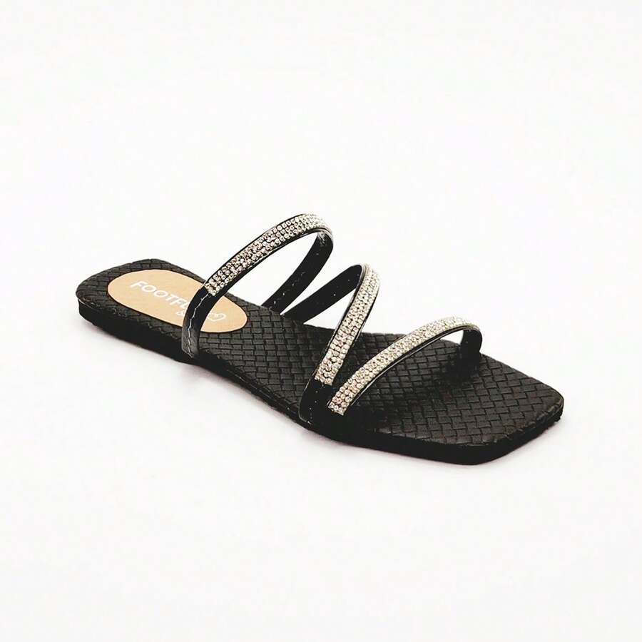 Sandália Rasteirinha Feminina Com Tiras Brilhosas Strass Estilosa Confortável - Preto 2 - Visão 1