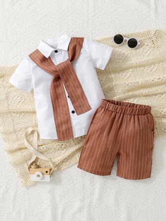 Summer Young Boy's Striped Short Sleeve Shirt And Shorts, College Style, With Striped Shawl Scarf, Suitable For Kindergarten Performance