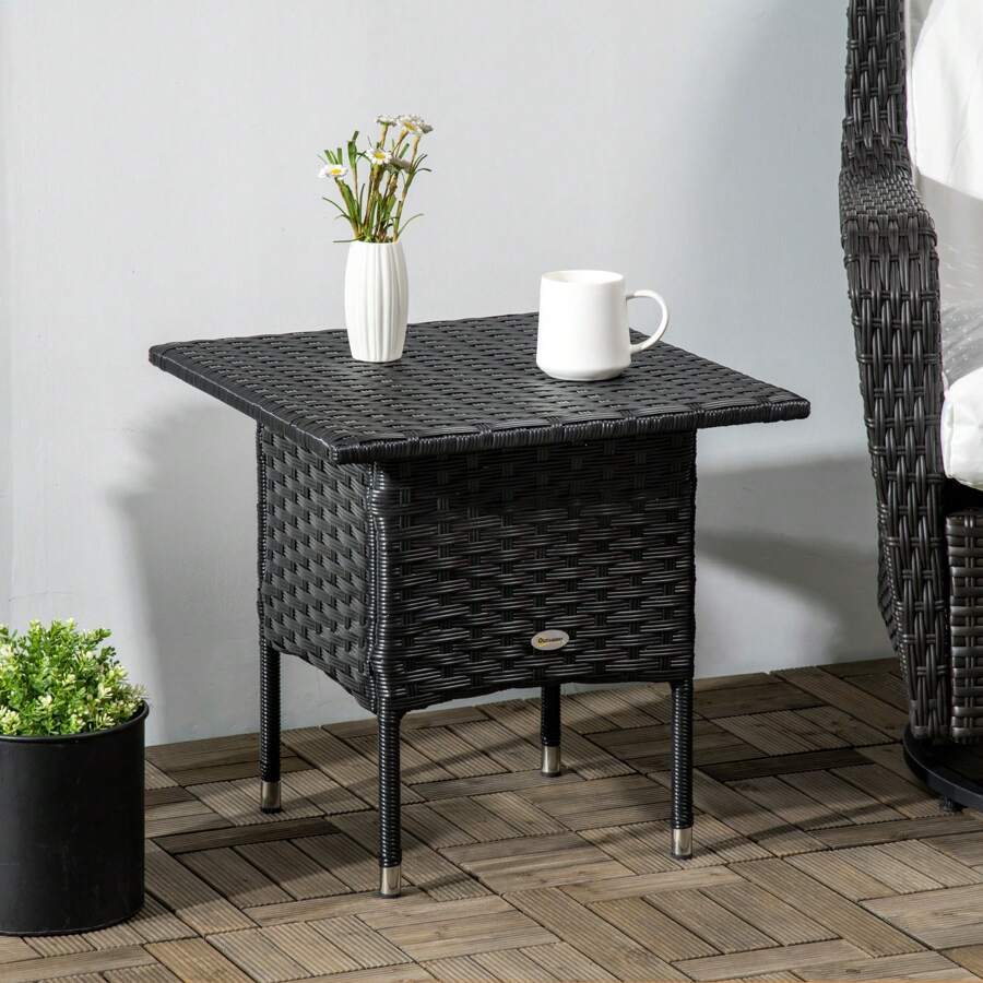 Outsunny Rattan Side Table, Outdoor Coffee Table With Plastic Board ...