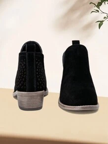 Comfyshoes Women's Fashion Ankle Boots, Perforated Western Booties, Low Heel Chunky Cutout Boots - CJY912L-黑色麂皮 - 查看 7