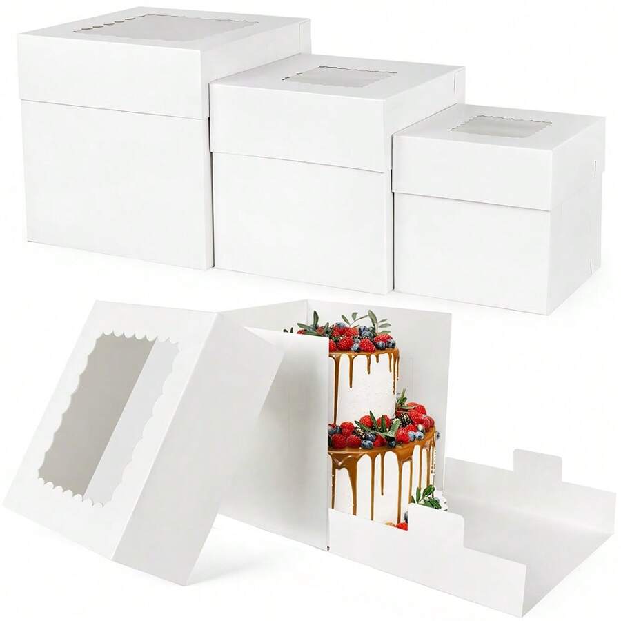 LotFancy Tall Cake Boxes For Tier Cakes, 3 Sizes 12Pcs 12 X12 X 12, 10 X10 X 10 And 8 X 8 X 8 Inch Cake Boxes With Window, White Bakery Boxes, Cardboard Cake Containers For Wedding Birthday - White - View 1