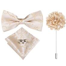 Men Silk Bow Tie Beige Plain Solid Paisley Floral Pre/Self Bow Tie Pocket Square Cufflinks Floral Pin Corsage Wedding Prom Gift Set - Multicolor - View 10