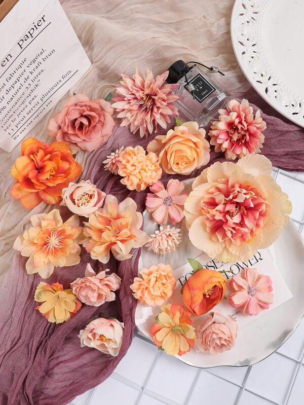 21/42pcs Orange Simulation Flower Material Package Artificial Flower Material Set Diy Handmade Accessories Antique Hair Accessories Bridal Headwear Festive Home Decoration Gifts Birthday Graduation