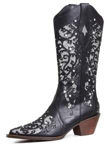 Rhinestone Boots Glitter Black Boots Cowgirl Boots Knee High Boots Victorian Boots Chunky Heel Pull On Western Boots For Women - màu đen - Xem 3