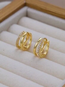 2pcs Simple Copper & Cubic Zirconia Hoop Earrings Set For Women, Suitable For Vacation, Dating, Gifts And Daily Wear