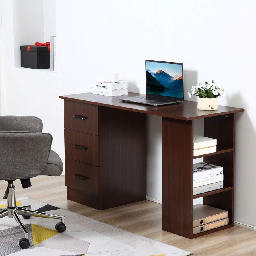 HOMCOM 120cm Computer Desk, Writing Table, PC Workstation With 3 Storage Shelves And Drawers