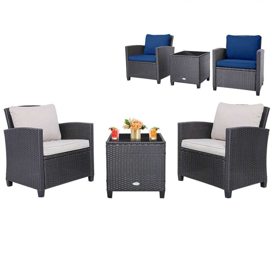 Gymax 3PCS Outdoor Patio Rattan Conversation Set W/ Beige & Navy Cushion