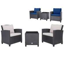 Gymax 3PCS Outdoor Patio Rattan Conversation Set W/ Beige & Navy Cushion